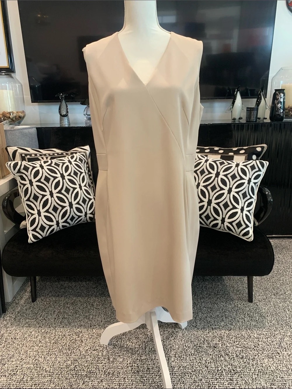 Sleeveless V-Neck Shift Dress in Beige
